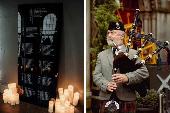 A Black Wedding Seating Chart And Person Playing The Bagpipes