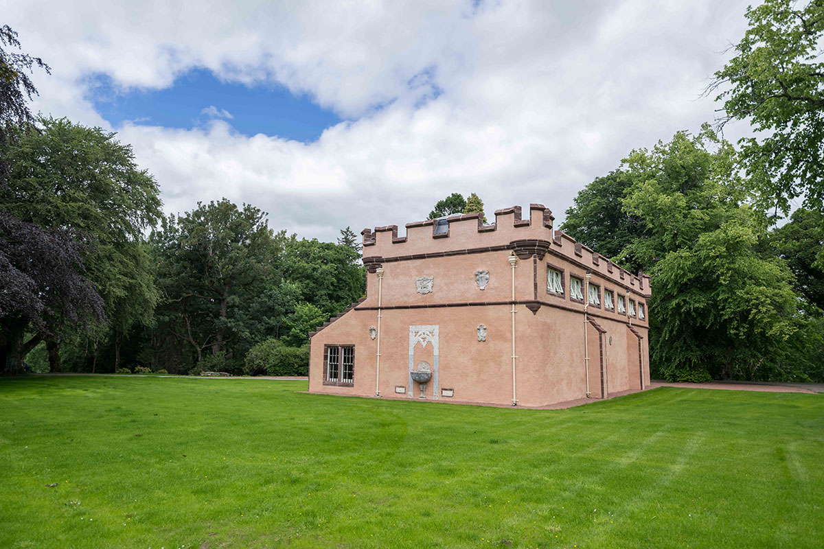 Exterior of the restored Racquets Court at Fyvie Castle, used for wedding evening receptions