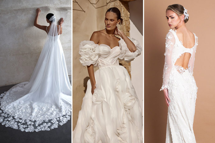 Three women wearing wedding dresses with 3D floral applique
