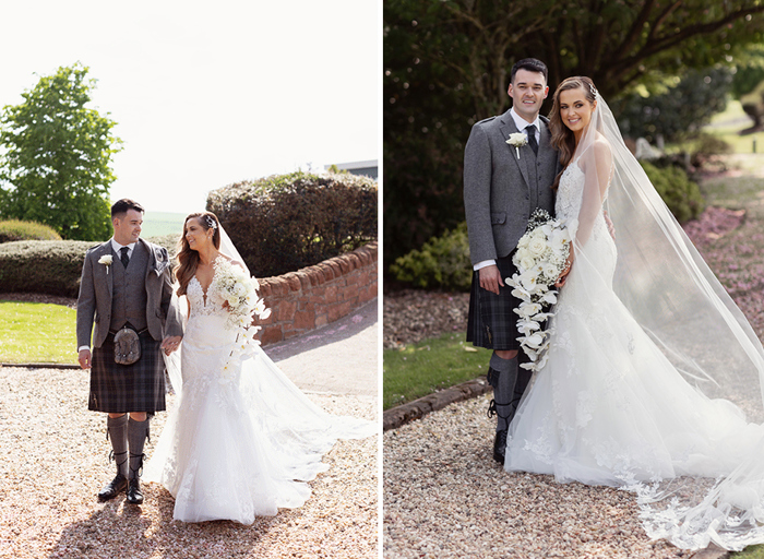 wedding portraits of a bride and groom in the grounds of Lochside House Hotel