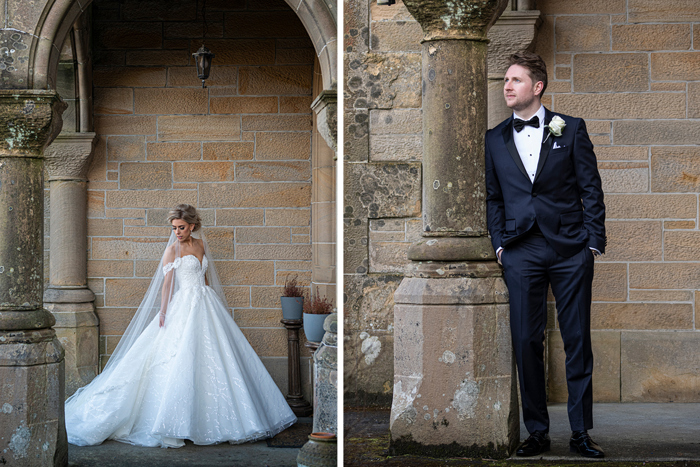 Left Image Shows A Bride Wearing A Martina Liana Dress And Right Image Shows A Groom Wearing A Black Dinner Suit