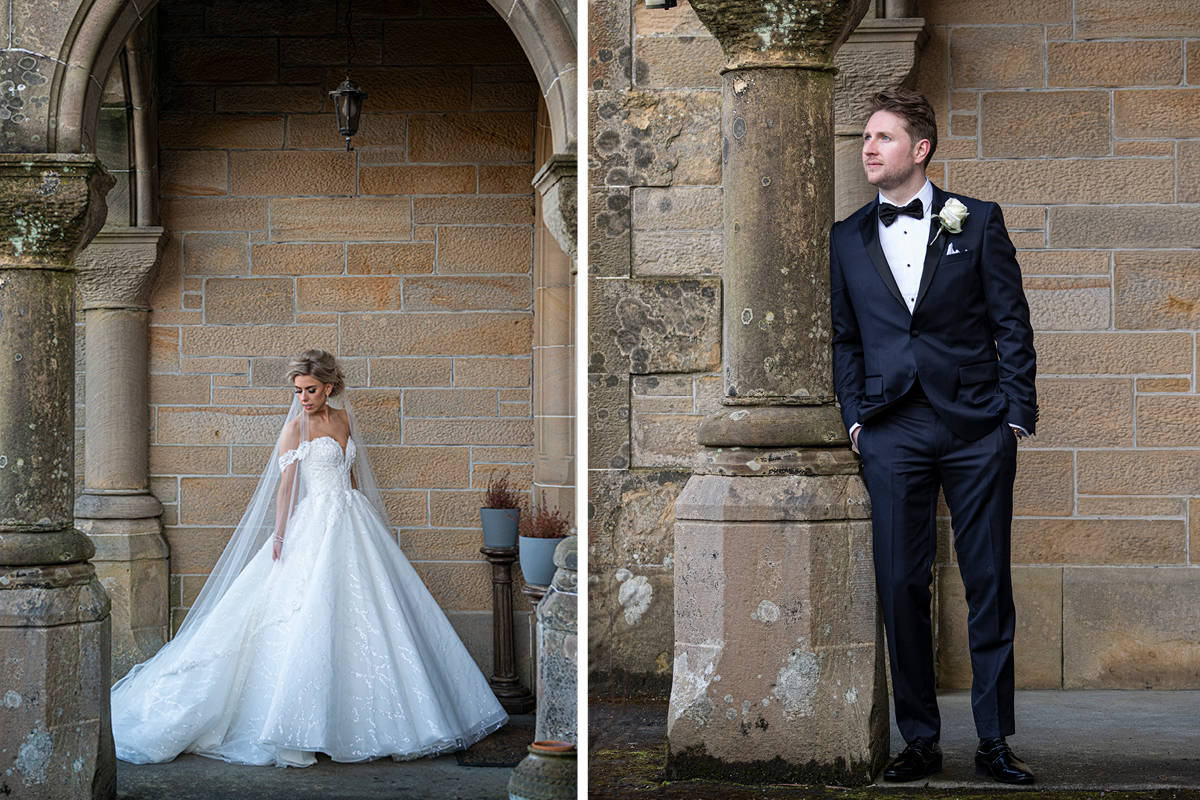 Left Image Shows A Bride Wearing A Martina Liana Dress And Right Image Shows A Groom Wearing A Black Dinner Suit