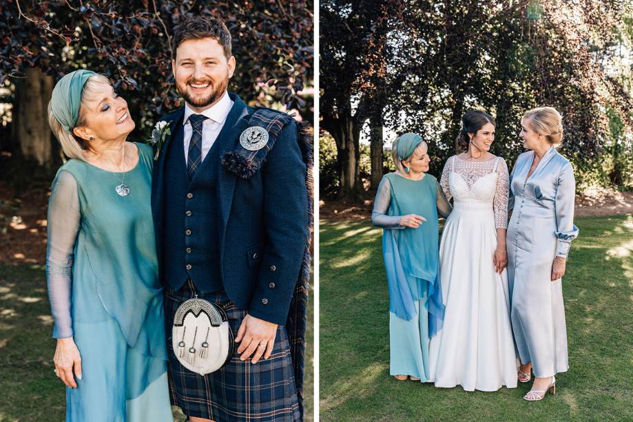 One image showing fashion designer Joyce Young With Son Wearing Macgregor And Macduff Kilt And With Bride And Mum Wearing Joyce Young Dresses