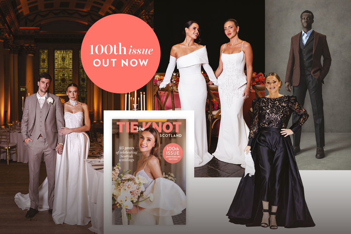 Tie the Knot Scotland 100th issue wedding fashion and editorial photoshoot collage