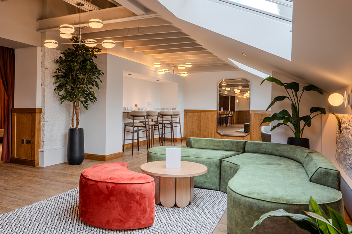 The exchange parlour with green and red seating area
