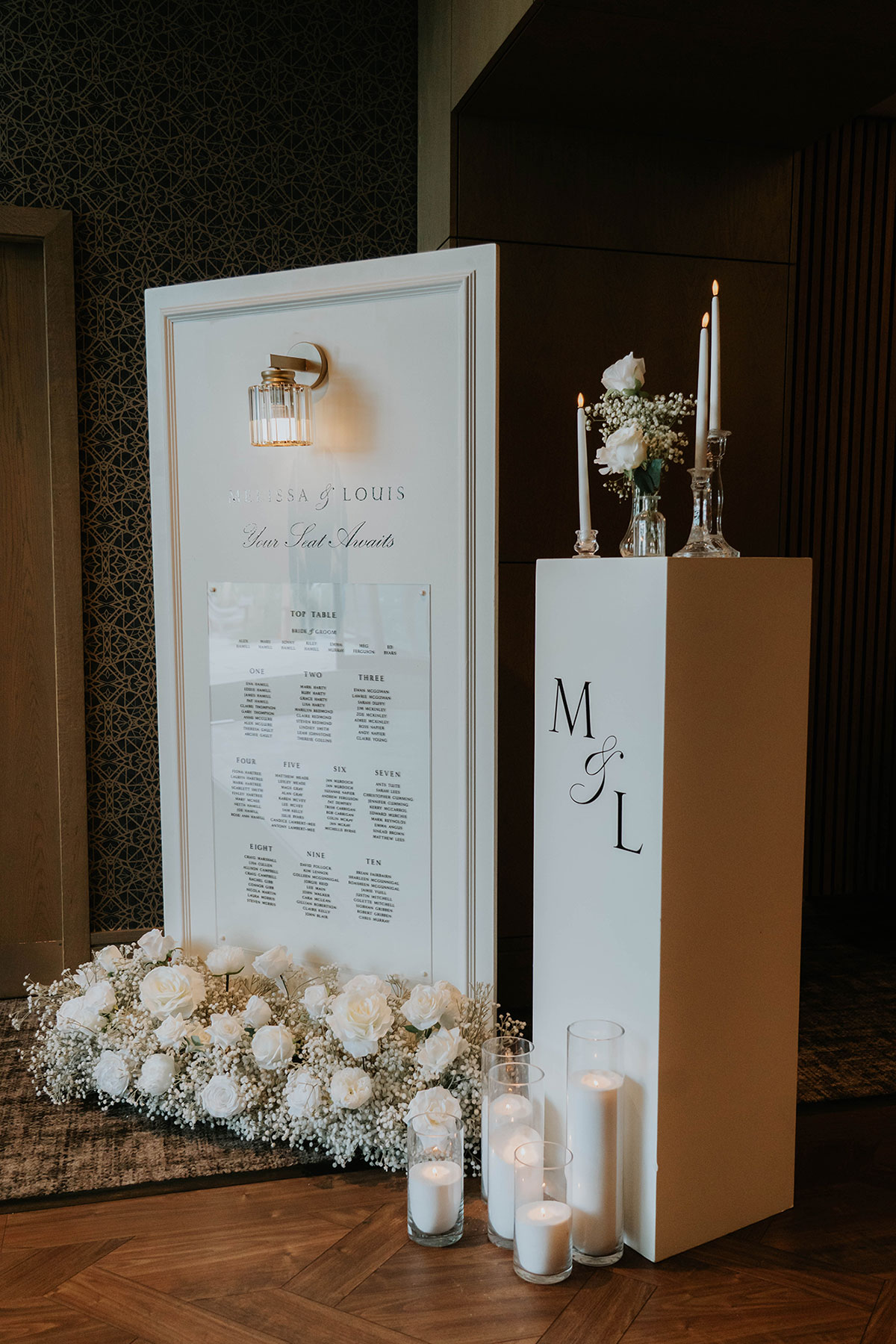 Modern wedding seating plan display with white florals, candles and personalised signage at Brisbane House Hotel reception
