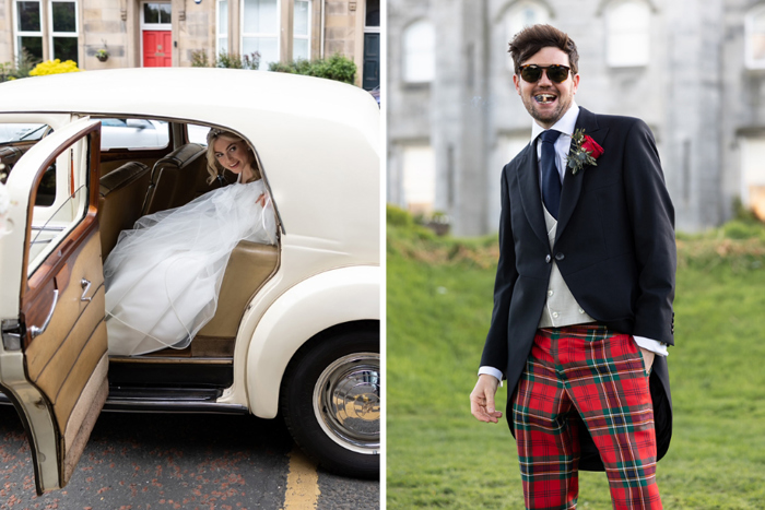 Image of bride getting out of the car and portrait of the groom 