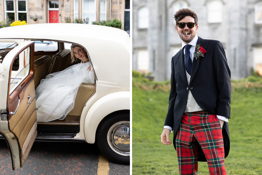 Image of bride getting out of the car and portrait of the groom