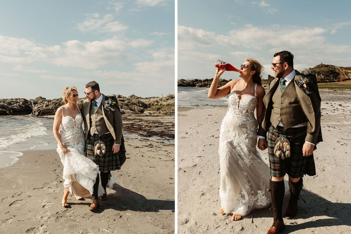 Bride drinks from wine bottle during couple portraits 