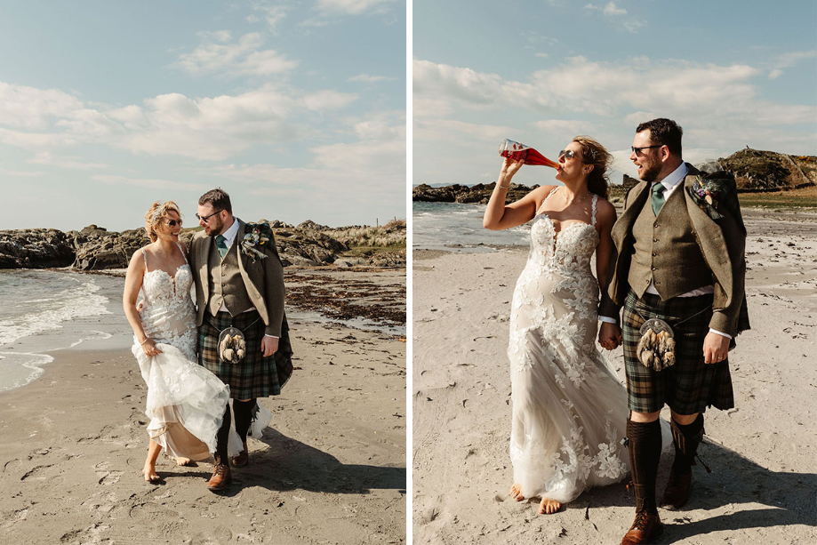 Bride drinks from wine bottle during couple portraits