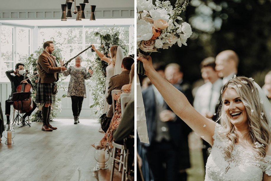 Couple do a handfasting ceremony and bride holds up her bouquet