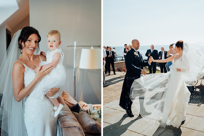 left image shows a smiling bride holding a baby and right image shows a bride and groom clasping hands on a patio outside at Seamill Hydro as guests watch on