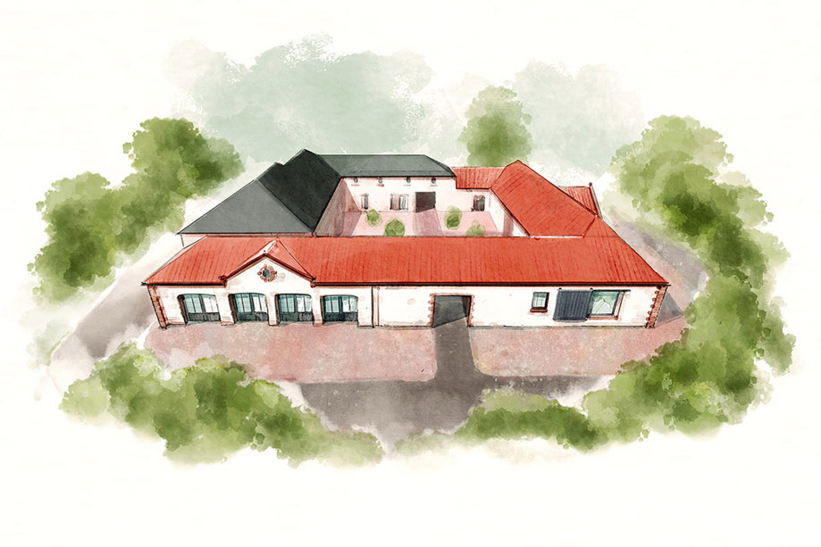 an illustration of a steading with a red roof