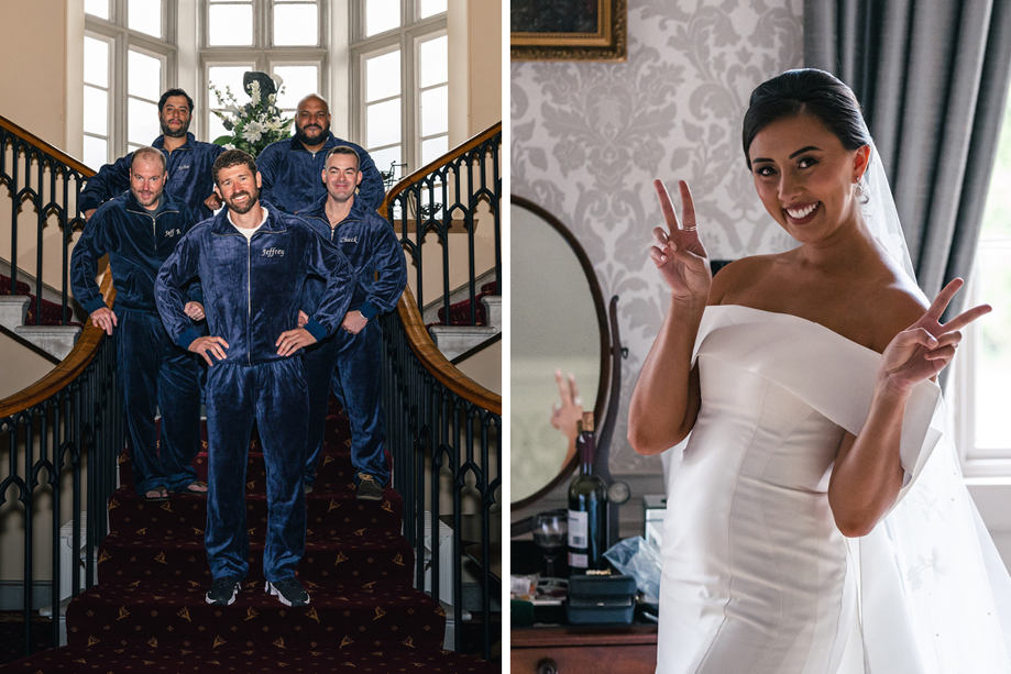 five people wearing dark blue velour tracksuits pose on a staircase at Blairquhan Castle on the left and a bride smiles and makes peace sign with her fingers while standing in a room at Blairquhan Castle with grey damask wallpaper and oval wooden mirror on a dressing table in background