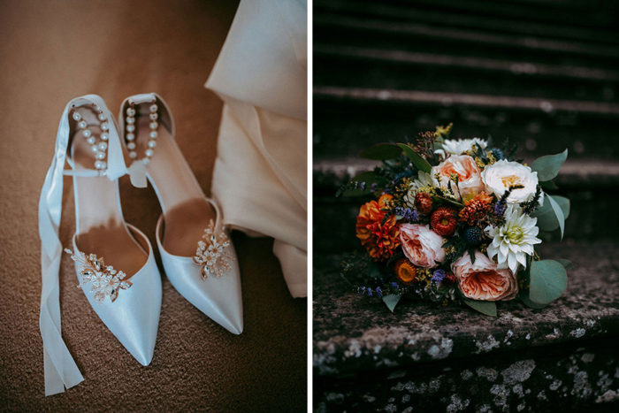 Detail shots of the bride's shoes and bouquet 