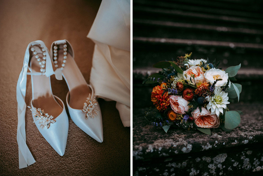 Detail shots of the bride's shoes and bouquet
