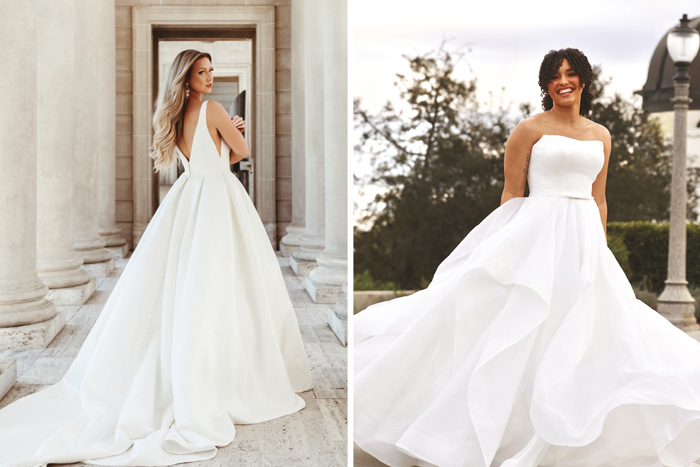 Two wedding ballgown wearing models pictured side-by-side