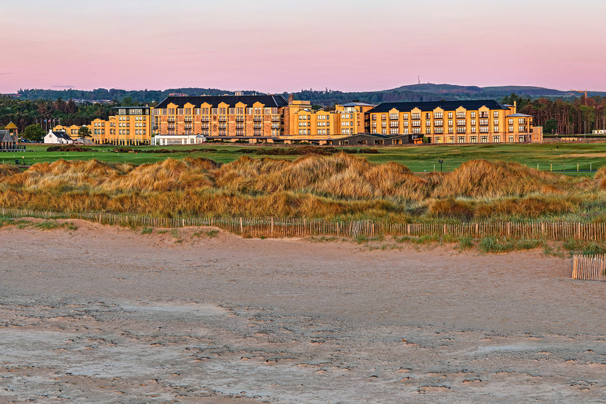 Old Course Hotel exterior viewed from West Sands Beach in St Andrews