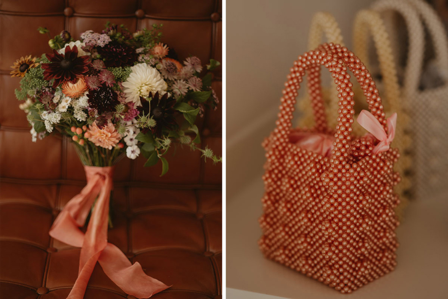A Wedding Bouquet By Cloudberry Flowers And A Small Coral Beaded Bag