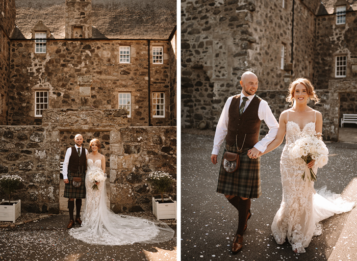 a bride and groom posing under a stone arch outside Barra Castle on left. A bride and groom walking hand in hand in the grounds outside Barra Castle on right