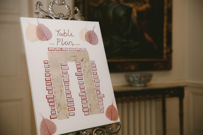 A Homemade Wedding Table Plan On Silver Ornate Frame