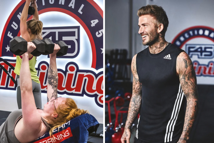 Person training at F45 and image of David Beckham