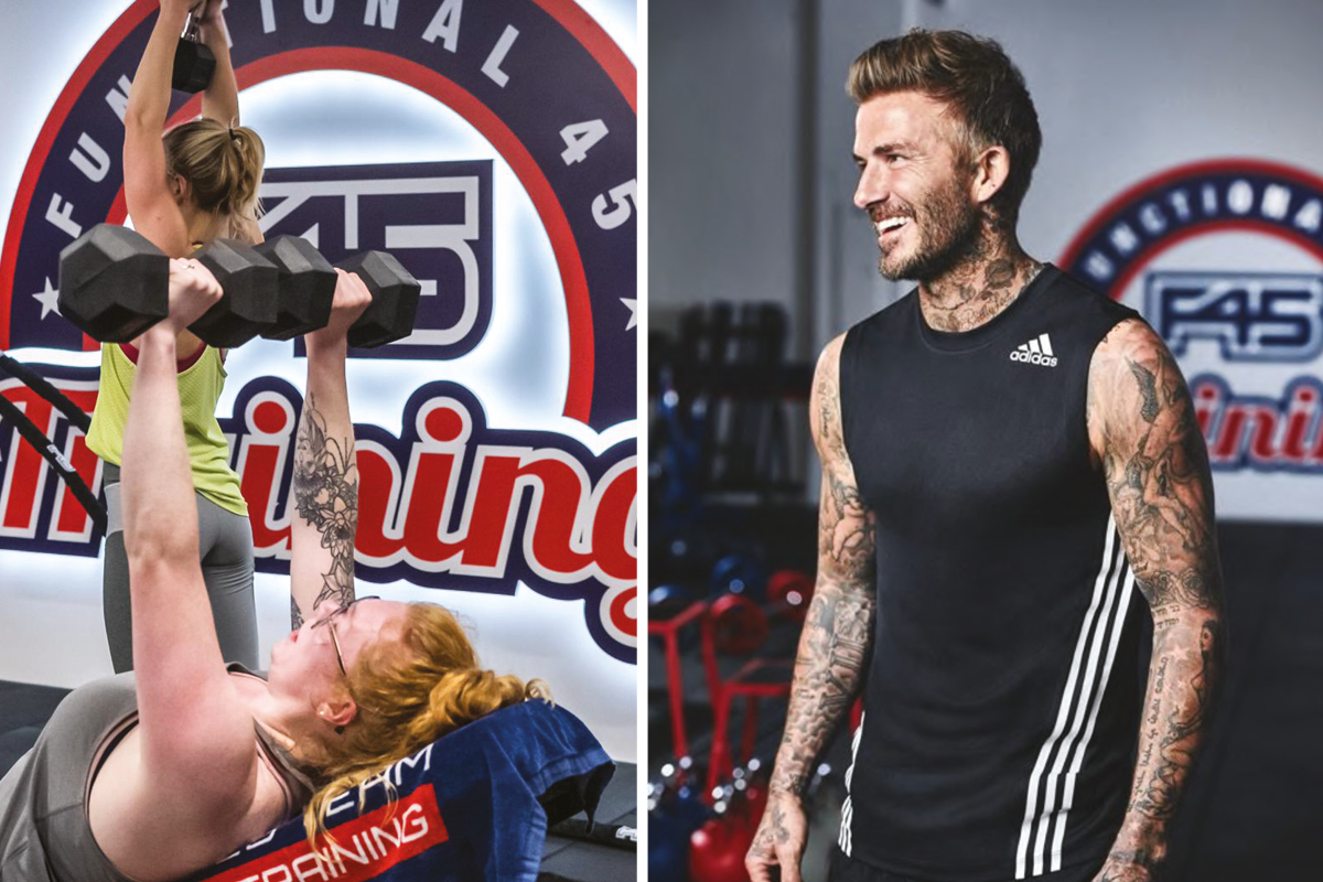 Person training at F45 and image of David Beckham