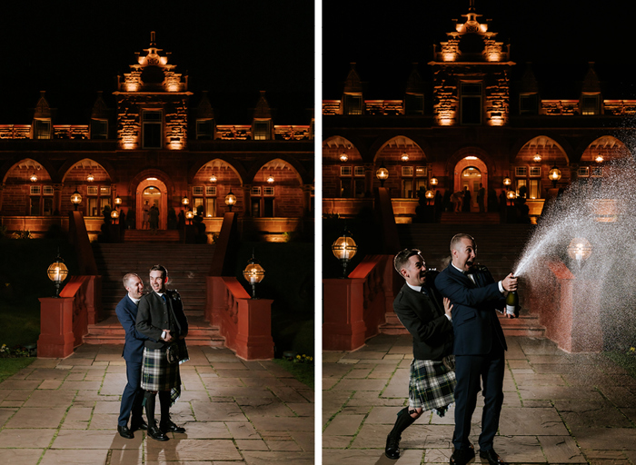 two grooms at nighttime outside Boclair House on left. Two grooms doing a champagne spray at nighttime outside Boclair House on right