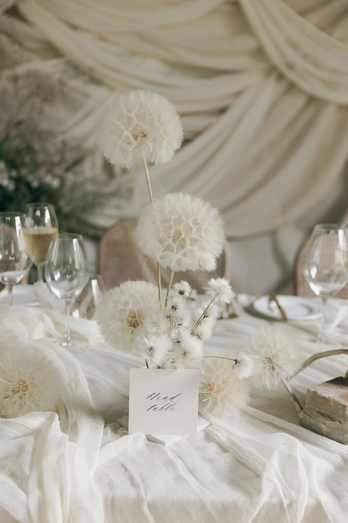 Close-up of soft white floral centrepiece and head table styling at Gilmerton House wedding