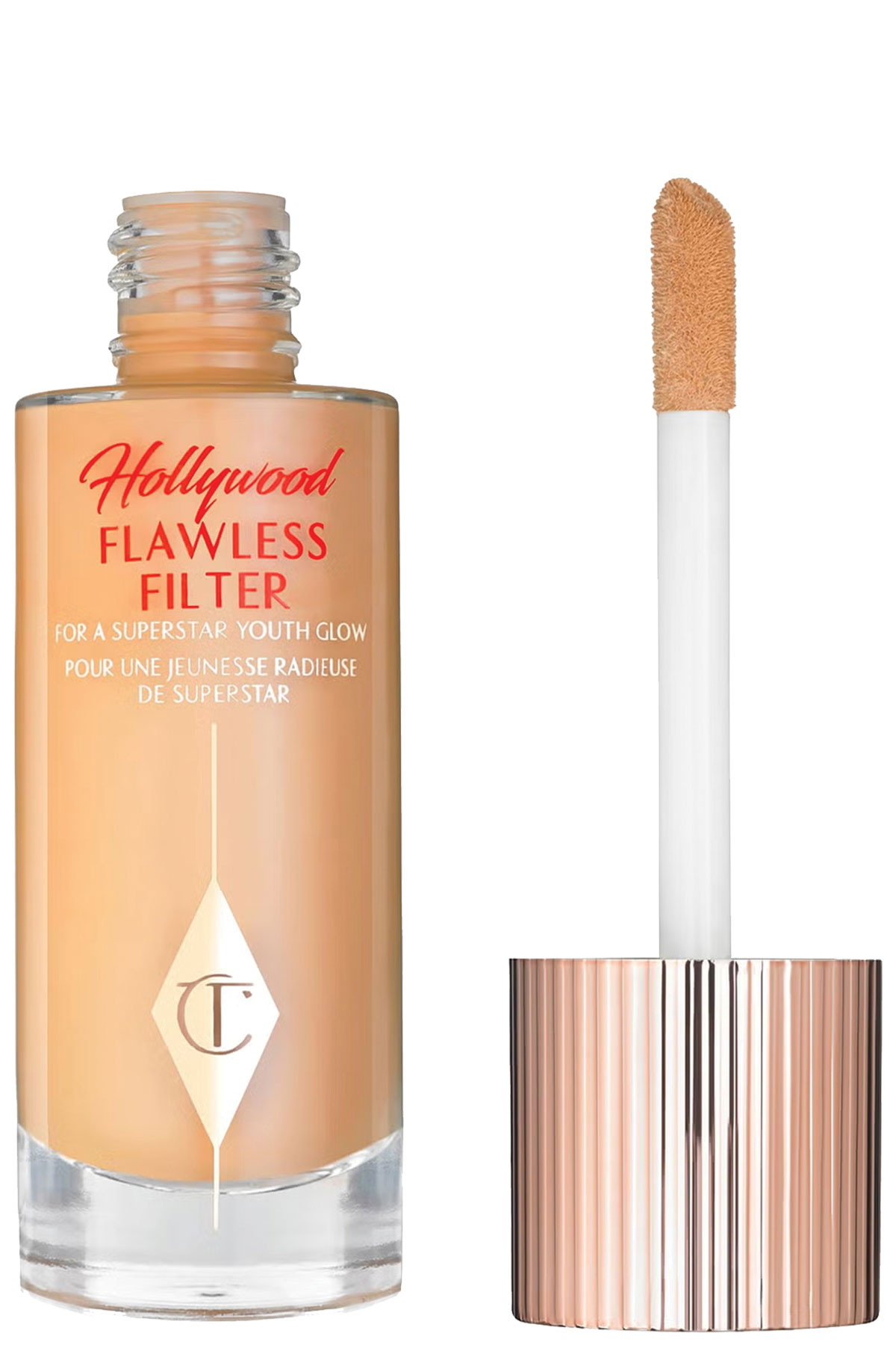 Charlotte Tilbury Hollywood Flawless Filter with bottle open and doe-foot applicator beside it