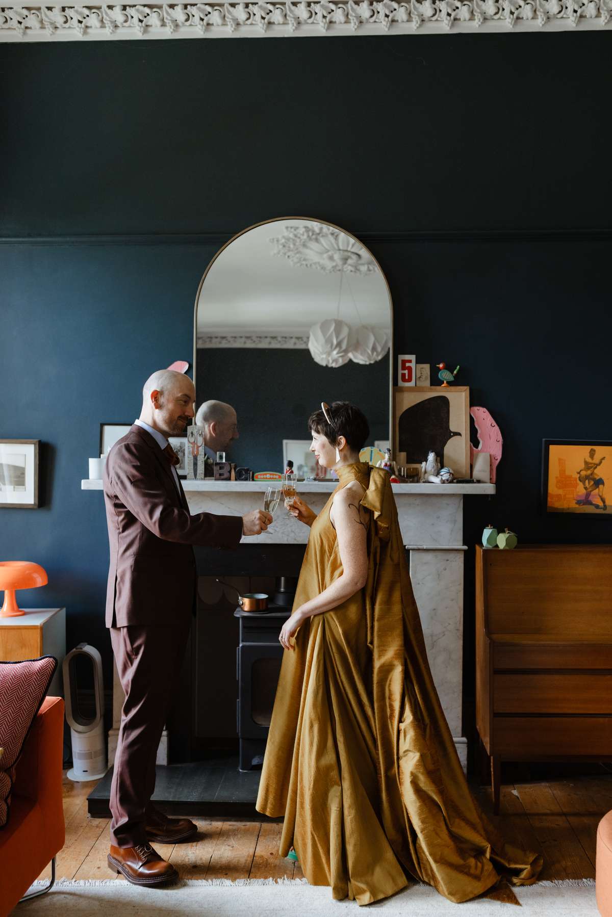 Bride and groom at home before their Glasgow wedding ceremony