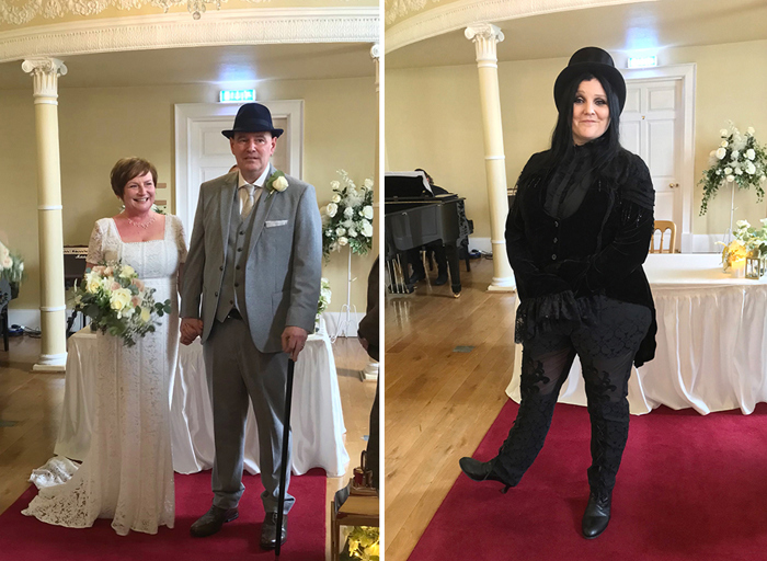 on the left a bride and groom stand holding hands and facing the camera, on the right a woman wearing all black faces the camera