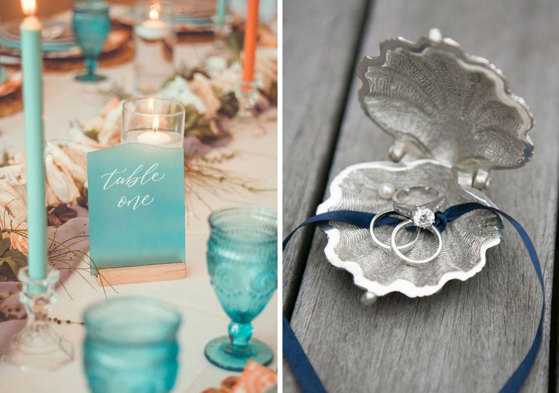 Blue table settings and rings in shell holder