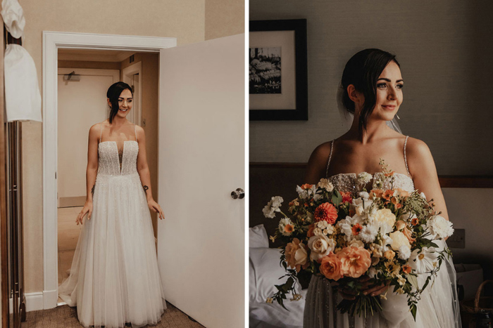 Bride in wedding dress and image showing bride with warm, autumnal bouquet 