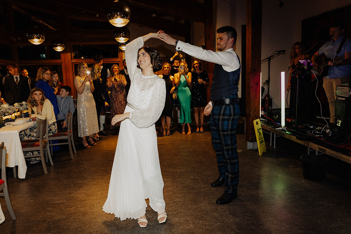 Bride and groom dancing at reception