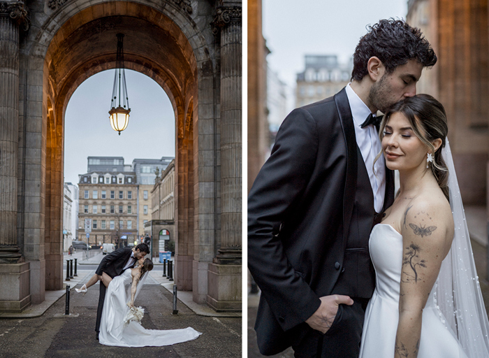 Two photos; on the left a bride and groom dip into a kiss in front of a stone archway, on the right the same couple stand close together as the man kisses the top of the woman's head