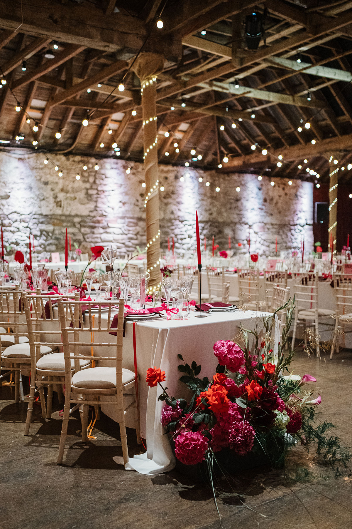 Wedding dinner tables at Kinkell Byre