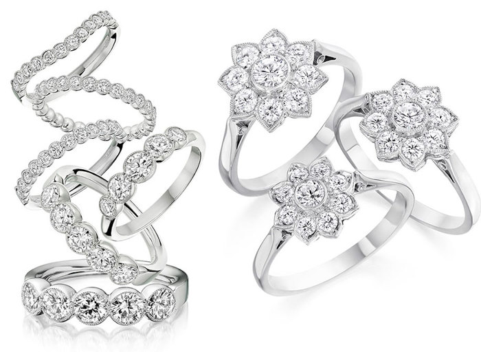 a wide range of cut-out silver diamond engagement and wedding rings