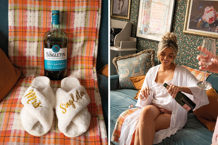 Image showing bride's slippers and bottle of whisky, and image of bride pouring champagne