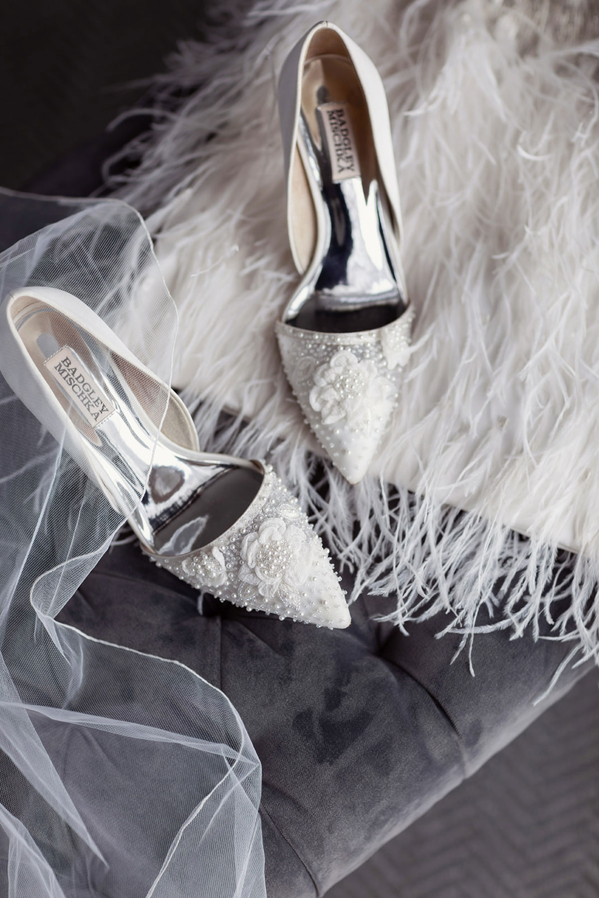 Badgley Mischka bridal shoes with pearl embellishment on wedding morning at Old Course Hotel, St Andrews