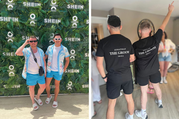 two men wearing blue floral shirts, blue shorts and sunglasses posing against a grass wall decorated with the Shein company logo on left. Two men wearing black shorts and printed t-shirts that read 'Jonathan the Groom Ibiza' and 'Declan the Groom Ibiza' on the back on right