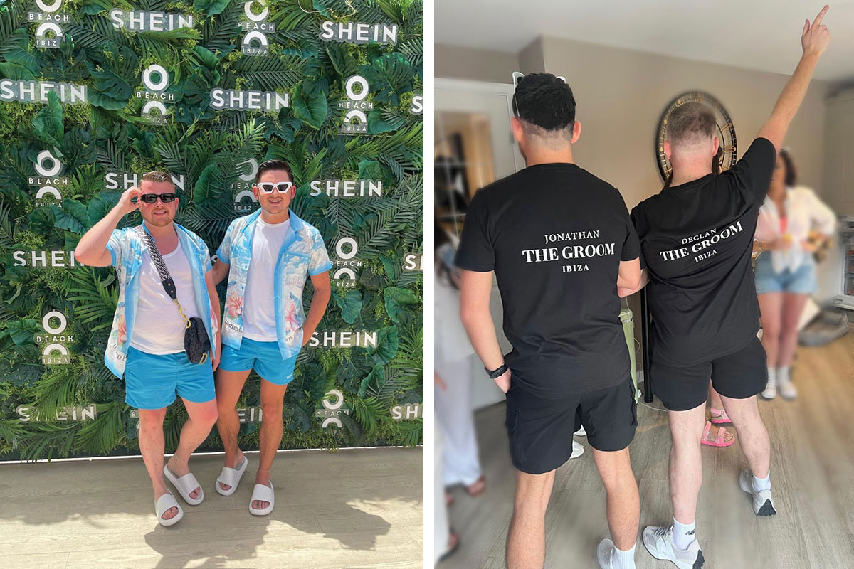 two men wearing blue floral shirts, blue shorts and sunglasses posing against a grass wall decorated with the Shein company logo on left. Two men wearing black shorts and printed t-shirts that read 'Jonathan the Groom Ibiza' and 'Declan the Groom Ibiza' on the back on right