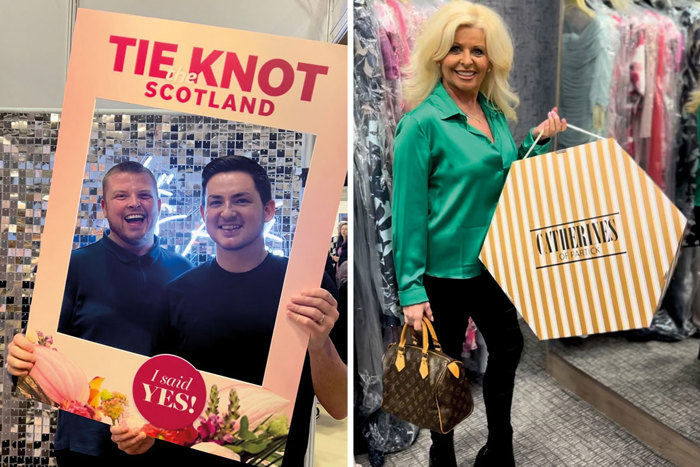 Declan and Jonathan pose with a Tie the Knot Scotland cover at the Scottish Wedding Show on left and person carrying a white and gold striped Catherines of Partick hat box on right