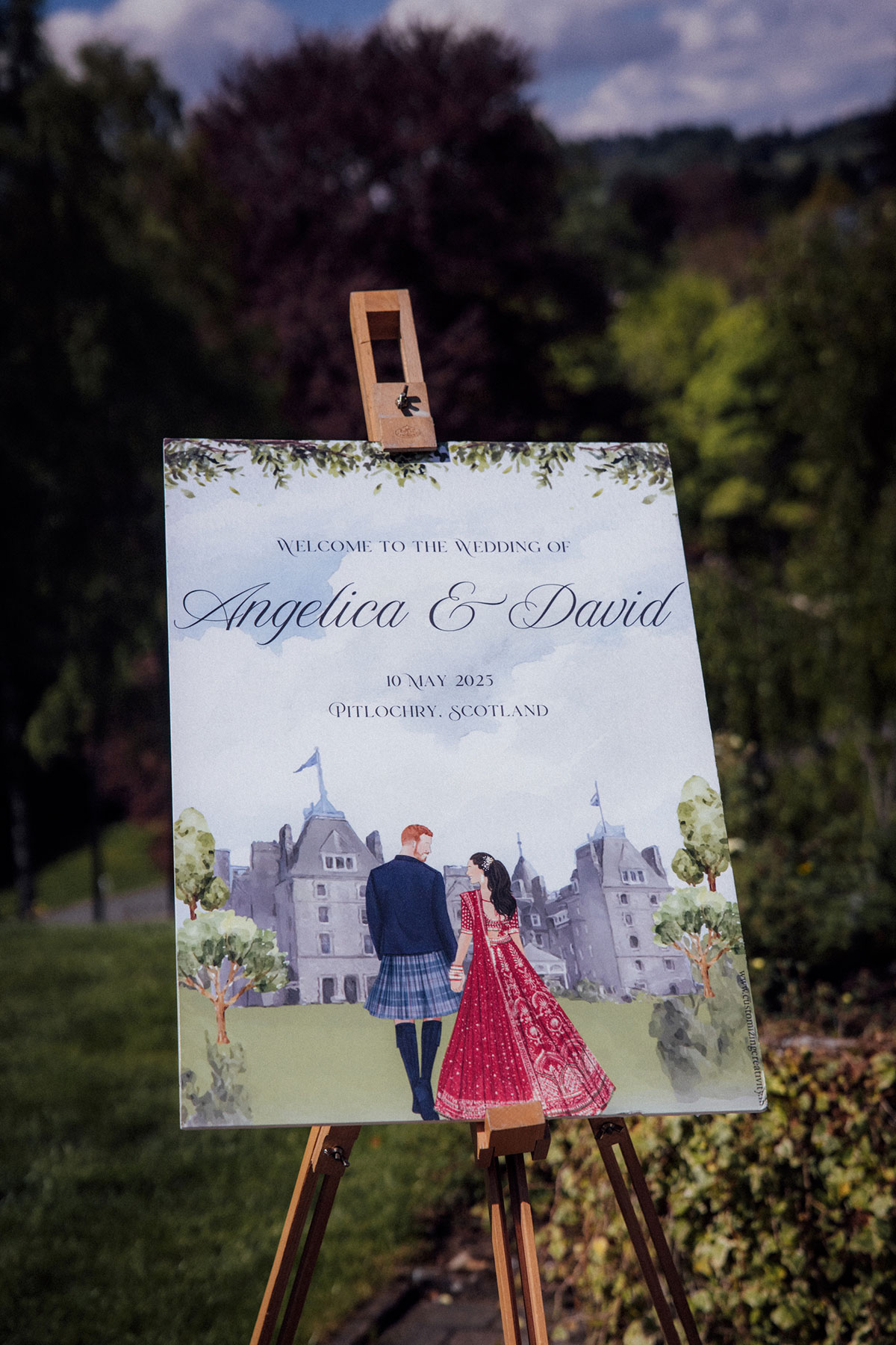 Illustrated wedding welcome sign featuring the bride and groom at Atholl Palace Hotel wedding in Pitlochry, Scotland