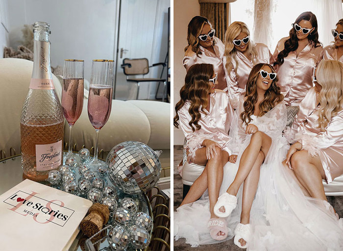 A bottle of rose and two champagne glasses on left, and women in pink silk bathrobes on right