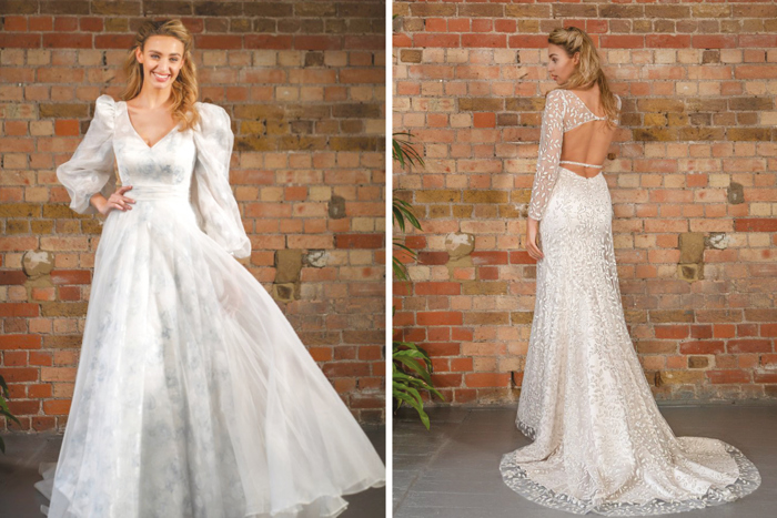 A princess wedding ballgown and an open-back wedding dress with detailed train