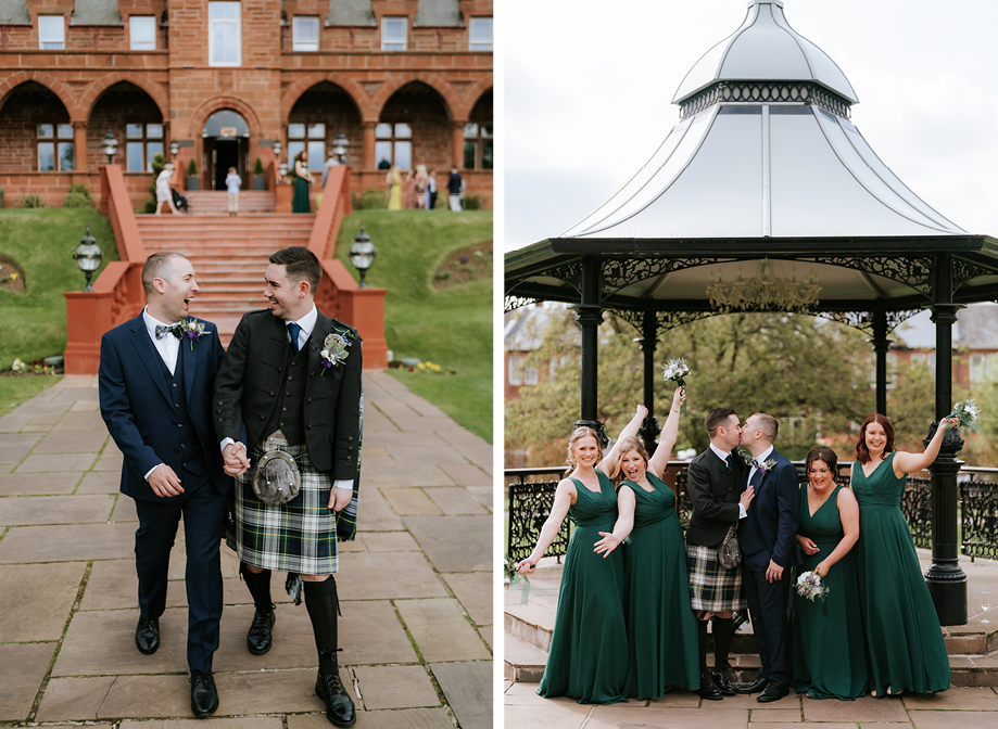 two grooms walking outside Boclair House staircase on left. Two grooms kissing in the bandstand at Boclair House with four bridesmaids wearing long dark-green dresses