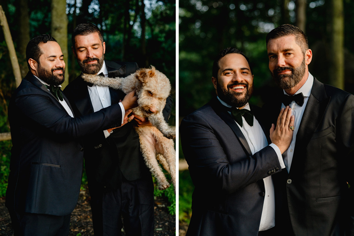 Grooms and their dog during couple portraits