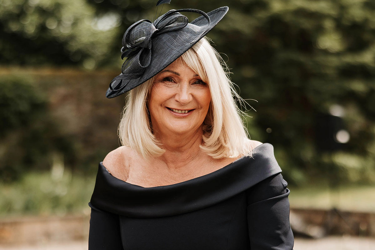 image of a blonde woman with shoulder-length hair, and off-shoulder black dress with matching wide brim black hat