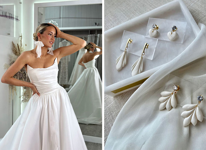 A model wearing a wedding dress with exaggerated pointed sweetheart neckline and a pair of statement chiffon bow earrings on left. Three pairs of polymer clay bridal earrings displayed on a neutral fabric background on right